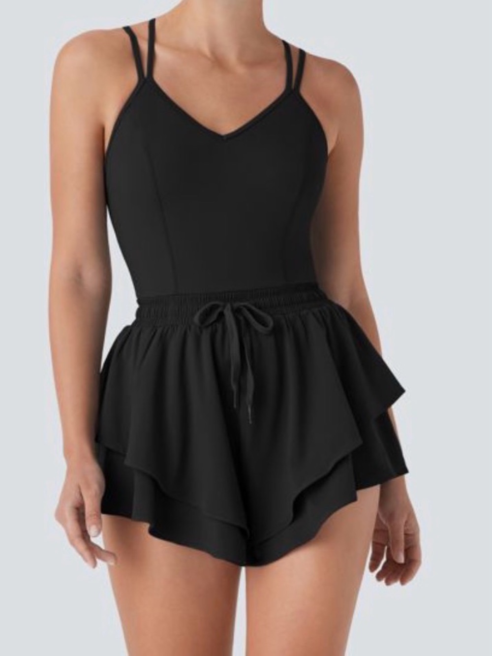 HALARA Black Layered Ruffle Athletic Romper